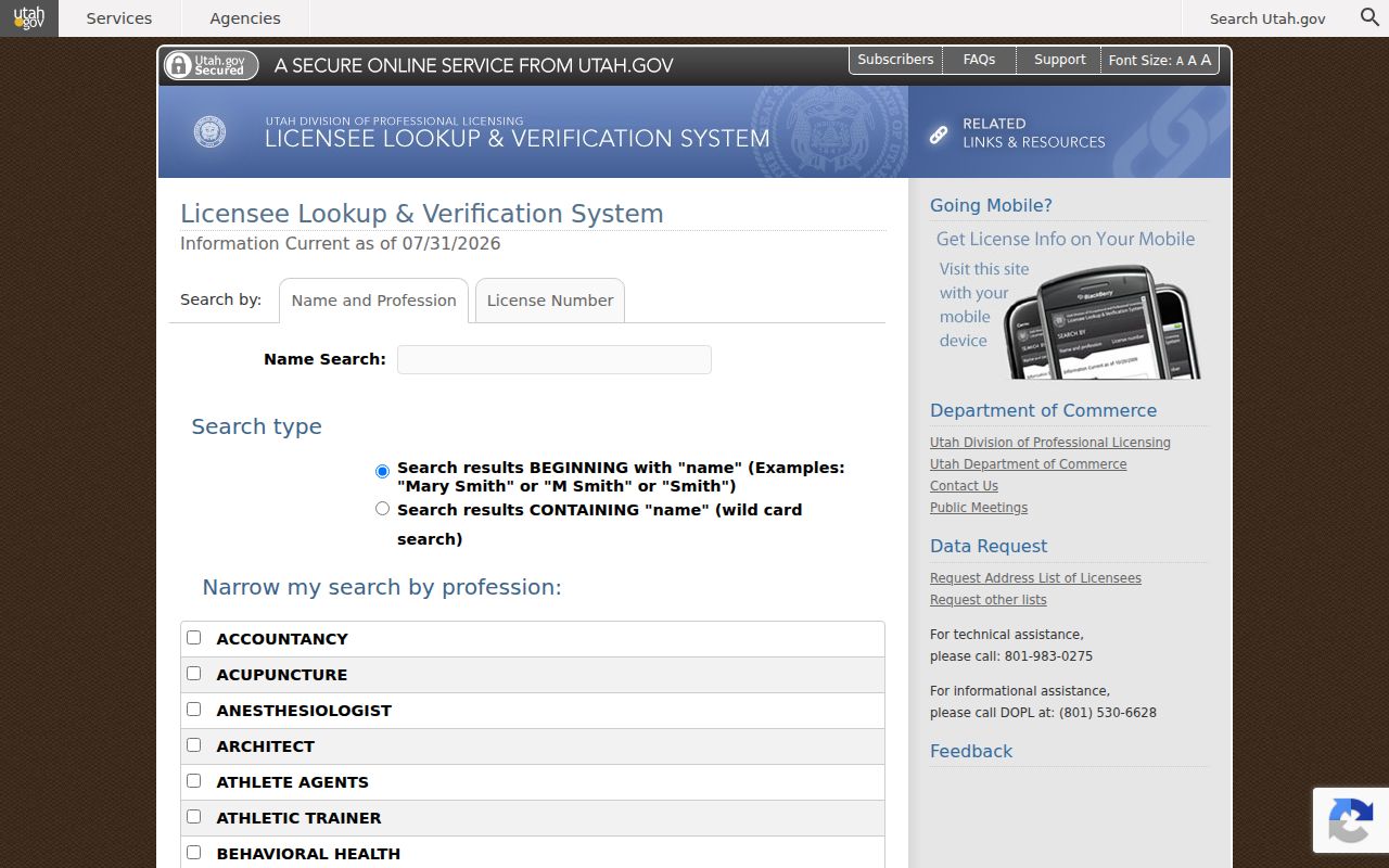 Taylorsville people directories Utah professional license search fields