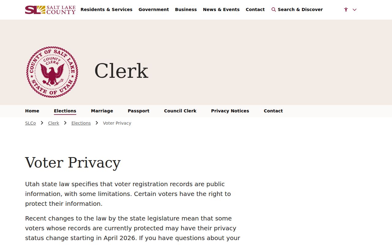 Taylorsville voter registration privacy and At-Risk rules